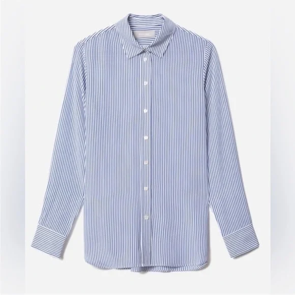 Everlane 100% silk relaxed Blue and White Striped blouse size 0 luxury NWT - Picture 2 of 4